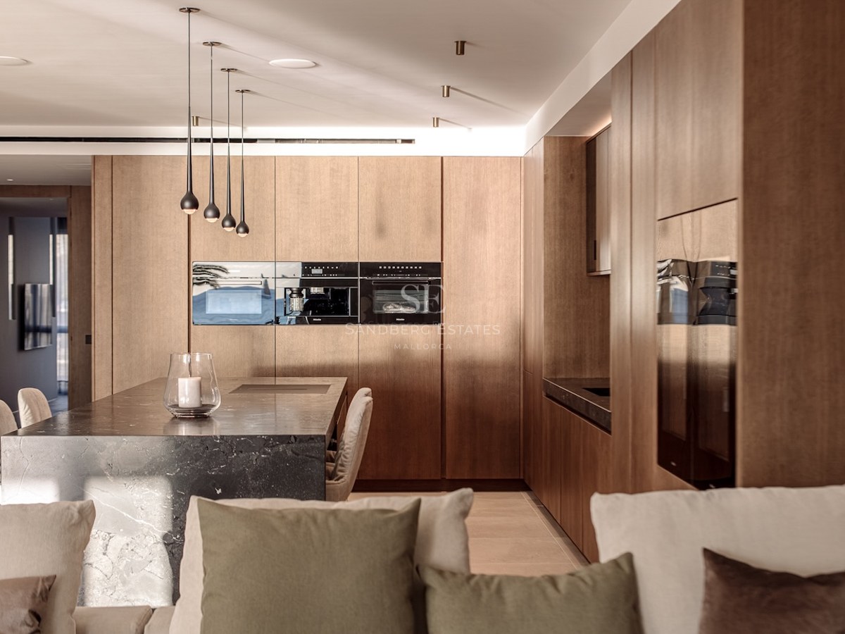 Modern kitchen featuring a dark marble island, light wood cabinetry, and high-end integrated appliances.