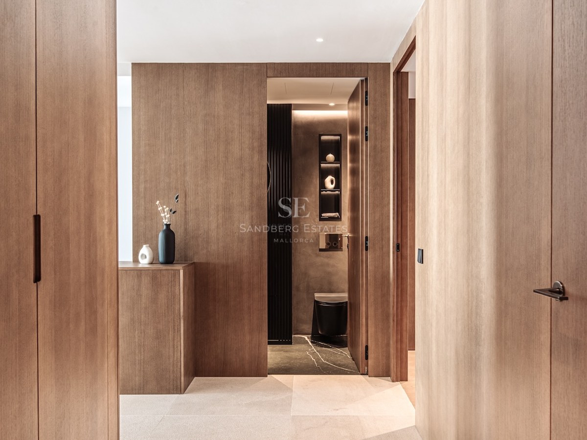 Hallway featuring floor-to-ceiling oak cabinetry leading into a minimalist modern bathroom with dark finishes.
