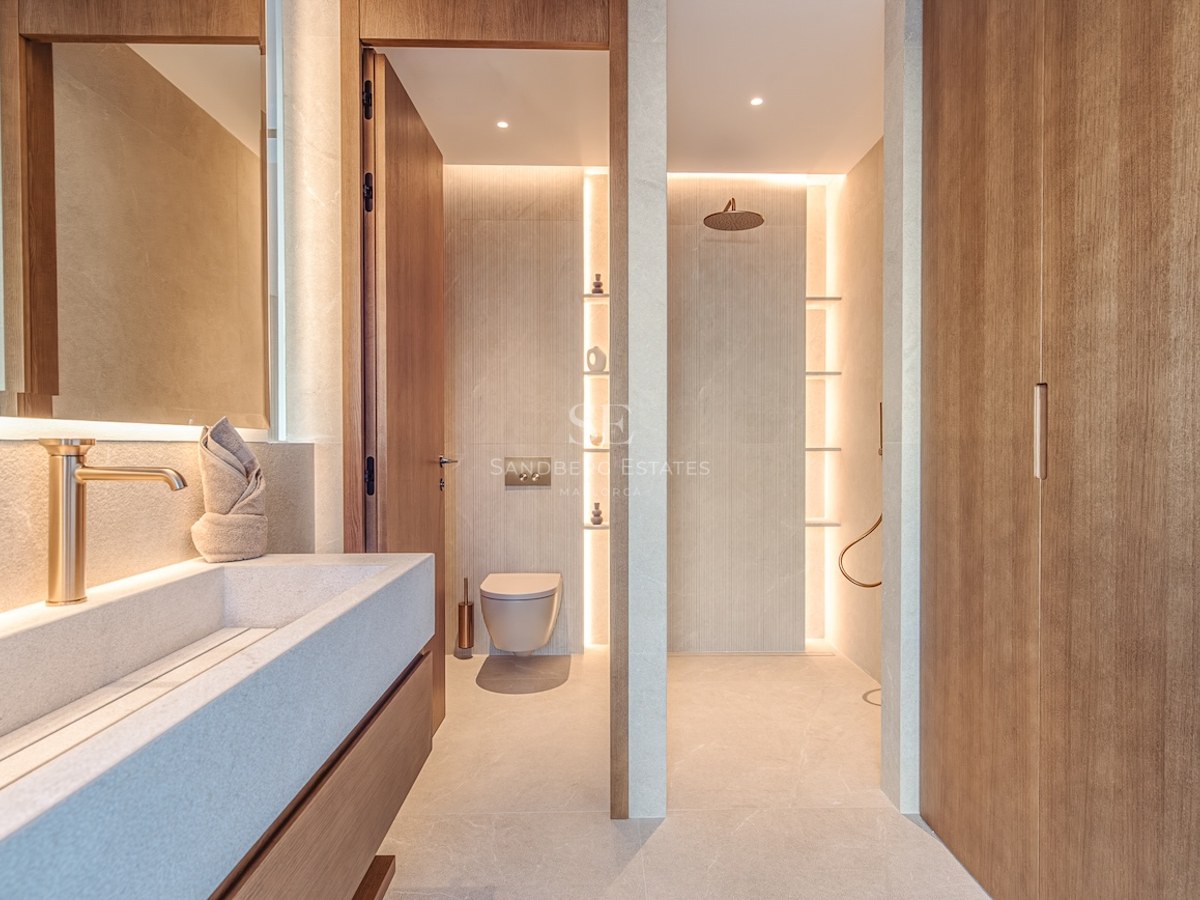 Modern bathroom featuring a stone trough sink, brass fixtures, and a walk-in shower with warm LED accent lighting.