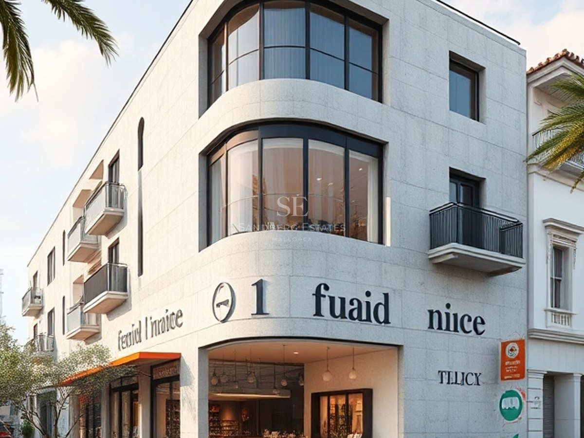 Modern white stone building with curved glass windows and retail space on a sunny street with palm trees.
