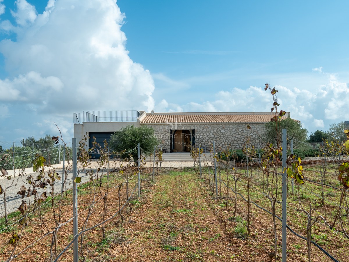 Villa de plain-pied en pierre avec toit en terre cuite derrière un vignoble privé sous un ciel bleu.