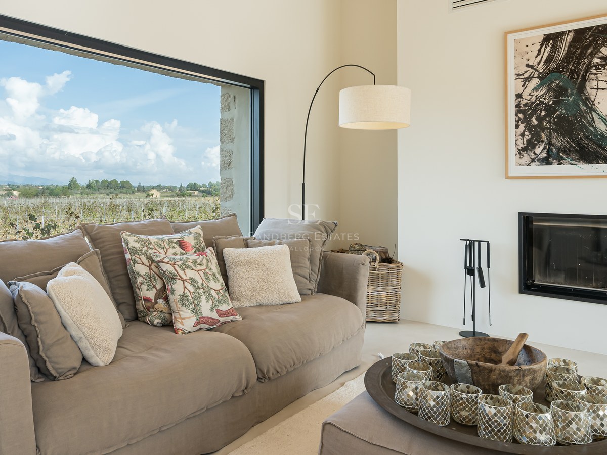 Salon moderne avec canapé taupe, cheminée et grande fenêtre donnant sur un vignoble sous un ciel nuageux.