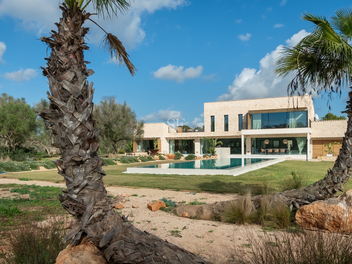 Villa moderne de deux étages avec une grande piscine rectangulaire, pelouse et palmiers sous un ciel bleu.