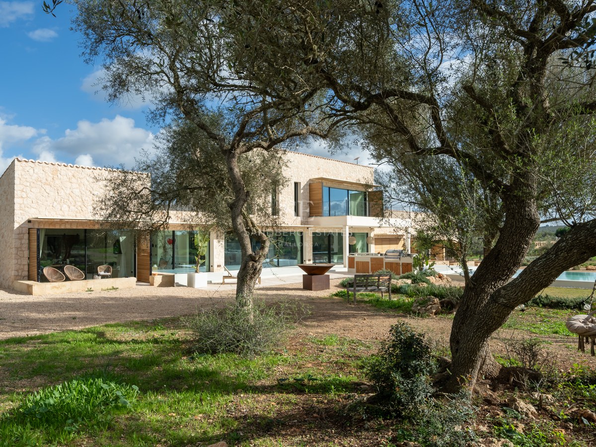 Villa contemporaine de deux étages avec de grandes baies vitrées vue à travers des oliviers centenaires.