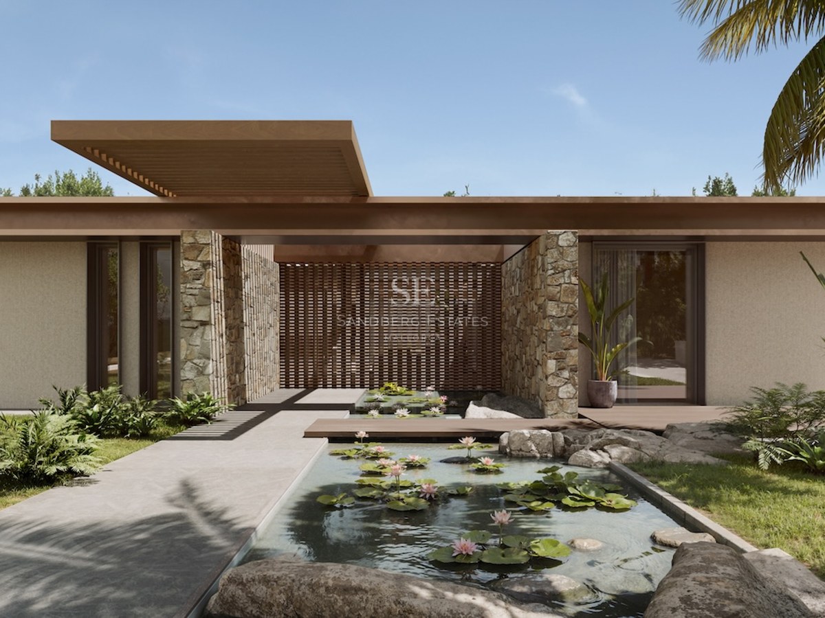 Entrée de villa contemporaine avec bassin de nénuphars, murs en pierre naturelle et pergola en bois.