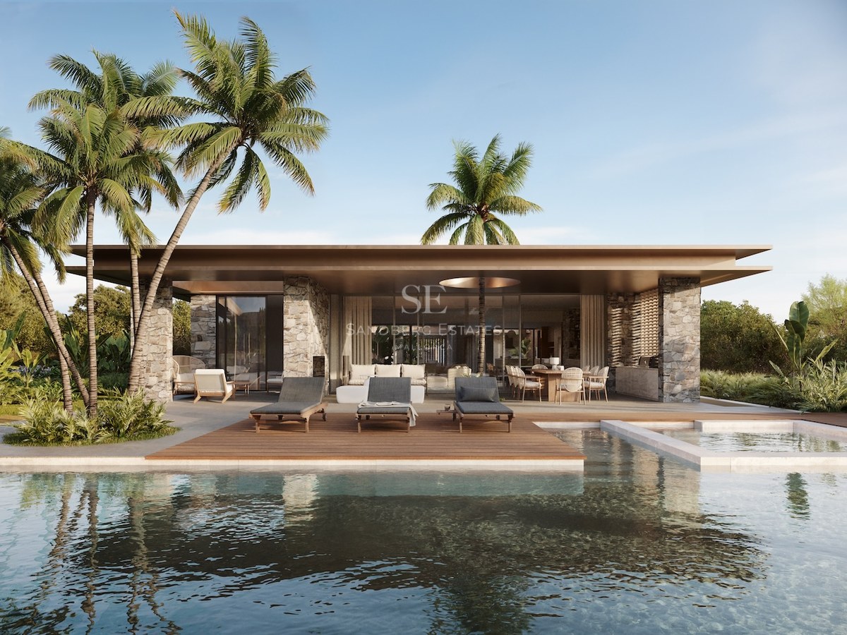 Extérieur de villa moderne avec piscine à débordement, terrasse en bois, piliers en pierre et palmiers.