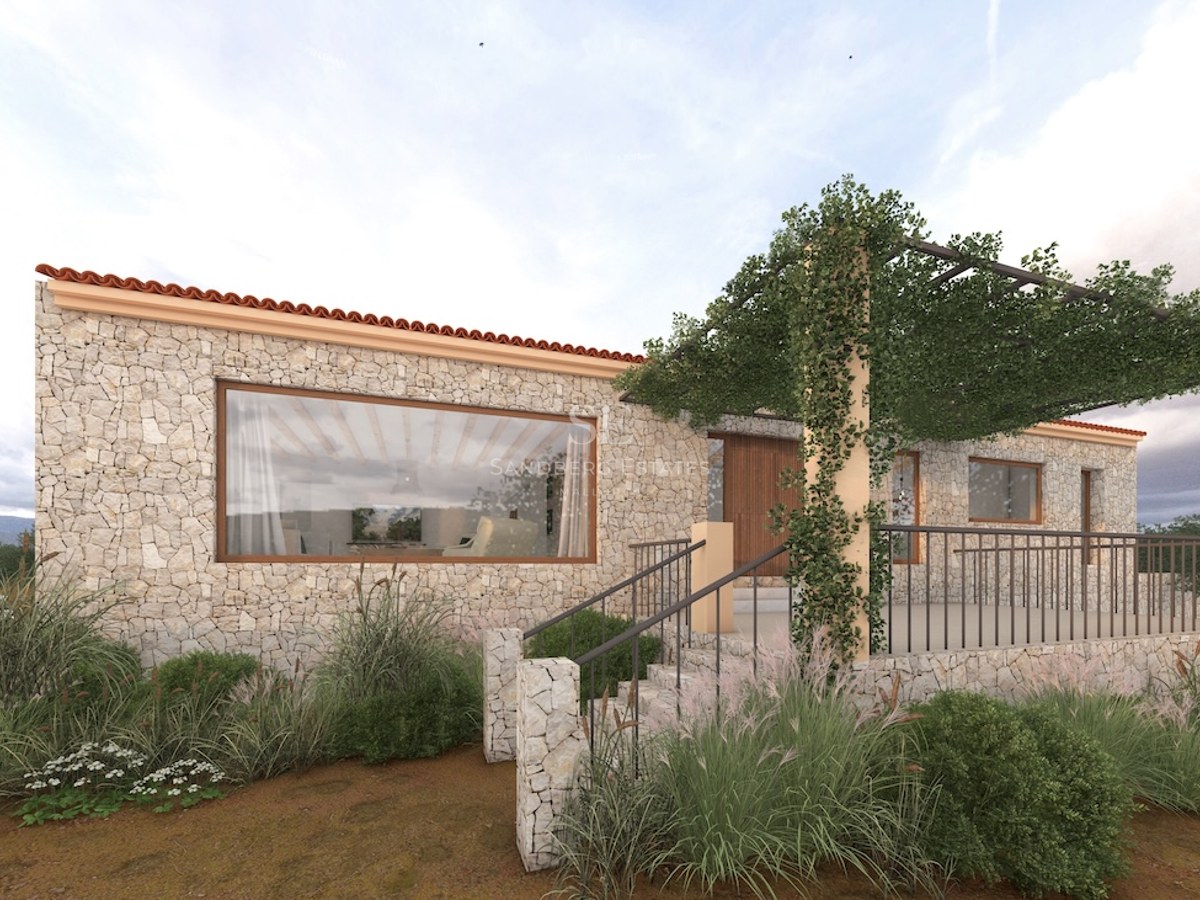 Modern stone villa facade featuring a vine-covered pergola, large windows, and natural Mediterranean landscaping.