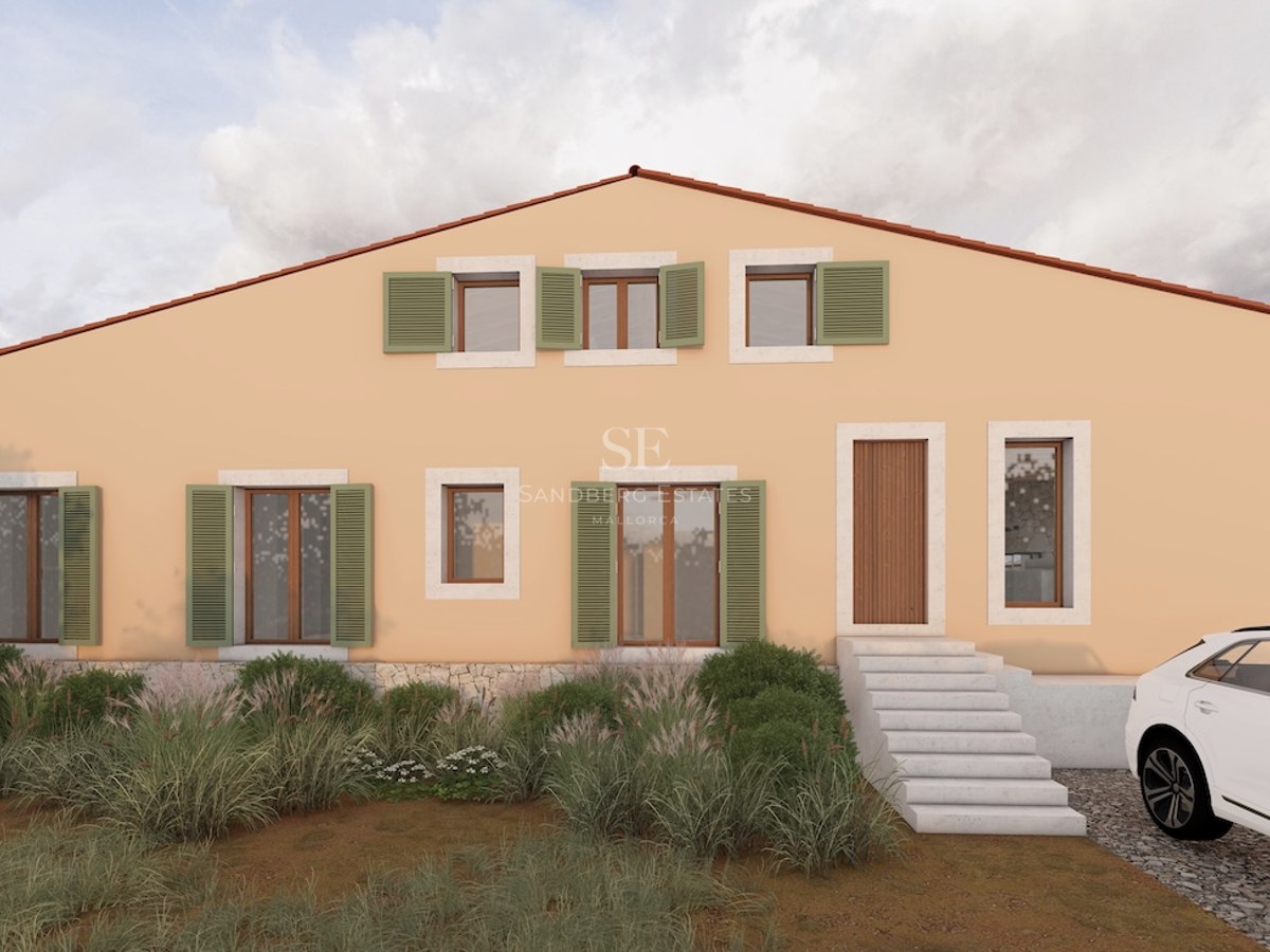 Front exterior of a peach-colored Mediterranean house with green shutters, stone steps, and a white car in the driveway.