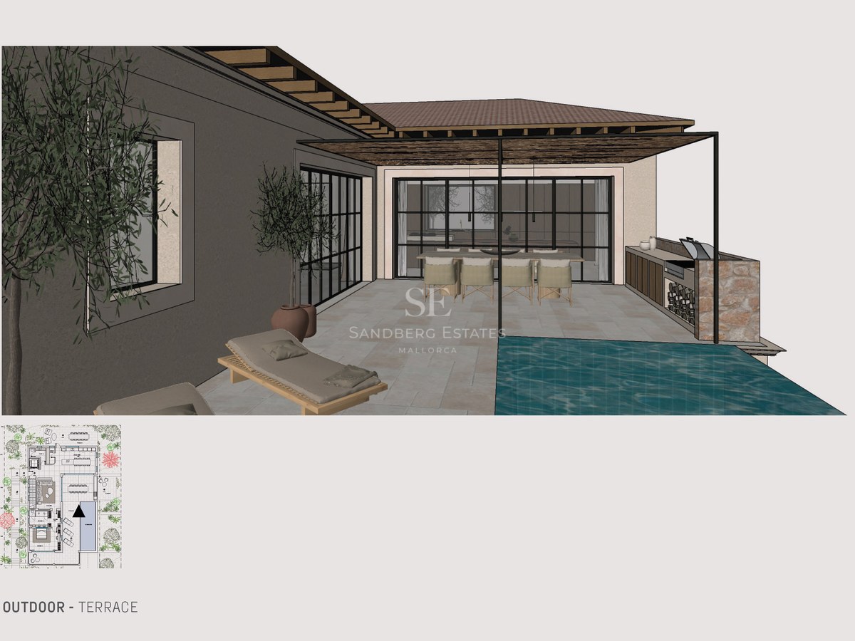 3D-Rendering einer modernen Terrasse mit Pool, Essbereich und Außenküche unter einer Holzpergola.