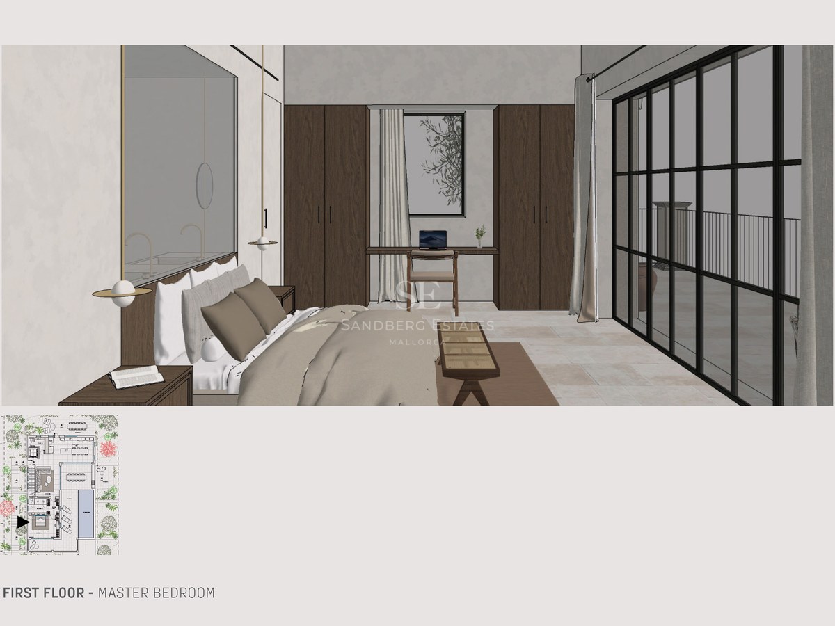 Rendering eines modernen Hauptschlafzimmers mit großem Bett, Arbeitsplatz und Glastüren zum Balkon.