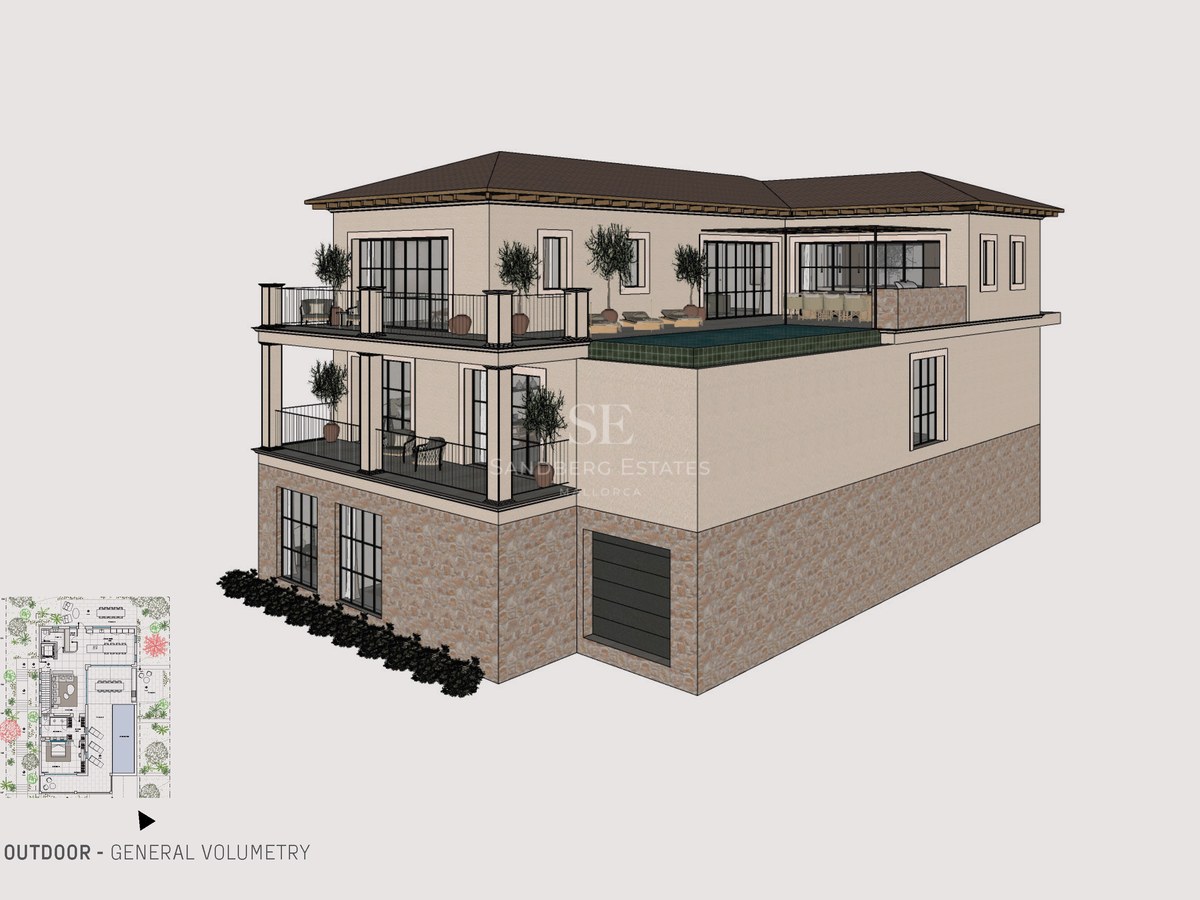 3D-Modell einer dreistöckigen mediterranen Villa mit Steinmauern, großen Terrassen und einem erhöhten Pool.