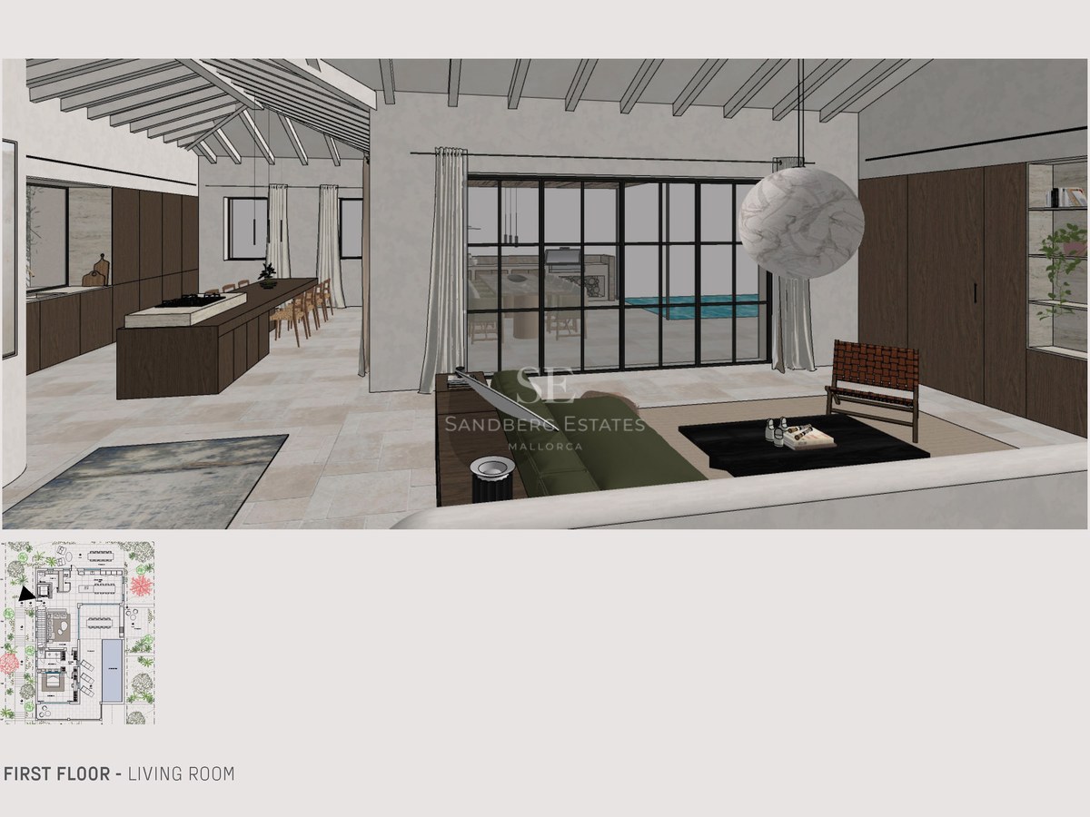 Elegantes modernes Wohnzimmer mit hohen Holzdecken, grünem Sofa und großen Glasfronten mit Blick auf einen Pool.