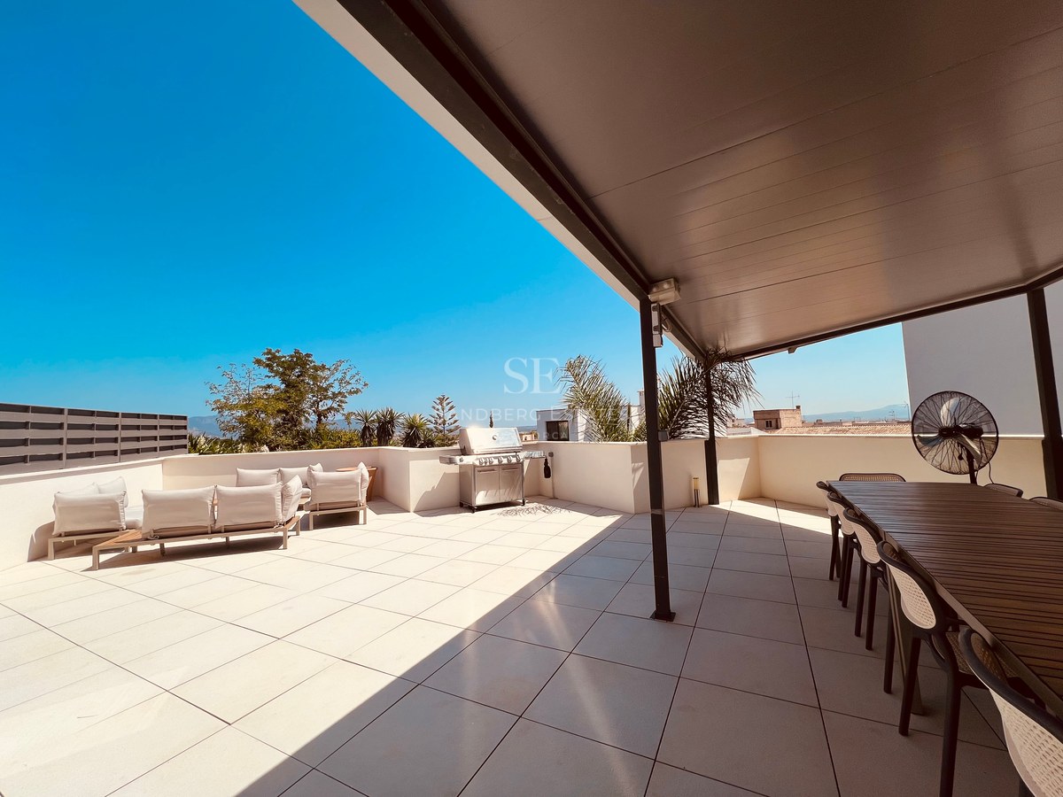 Modern rooftop terrace featuring a stainless steel BBQ, dining area, and lounge seating under a shaded pergola.