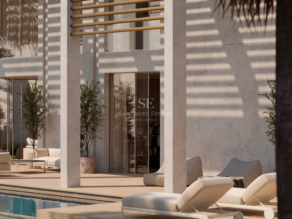 Modern villa exterior featuring a swimming pool, white sun loungers, and architectural shadow patterns on a stone facade.