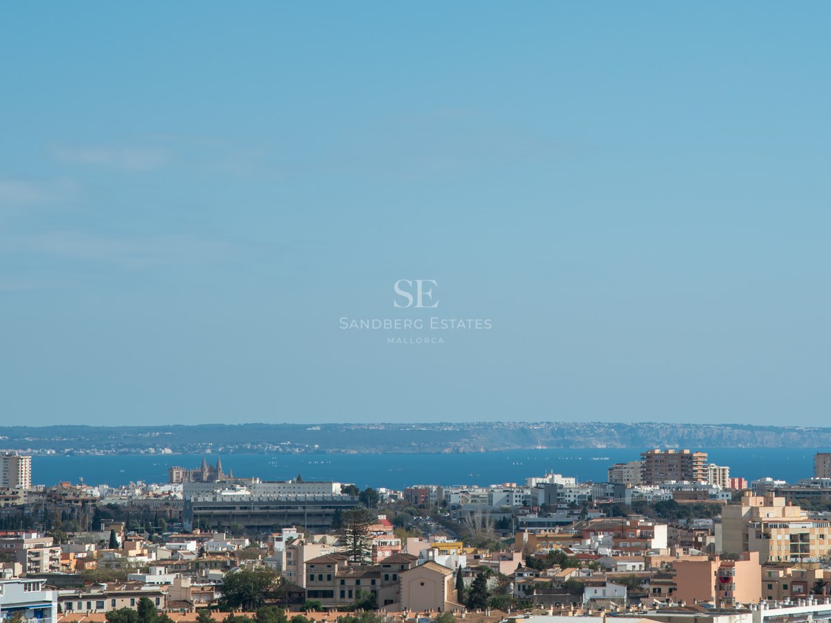 Vue aérienne de Palma de Majorque montrant la cathédrale de La Seu et la mer Méditerranée à l'horizon.
