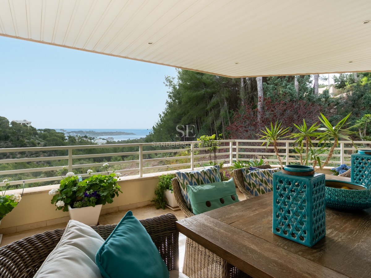 A covered outdoor dining terrace with a wooden table, wicker chairs, and turquoise accents overlooking pine trees and the sea.