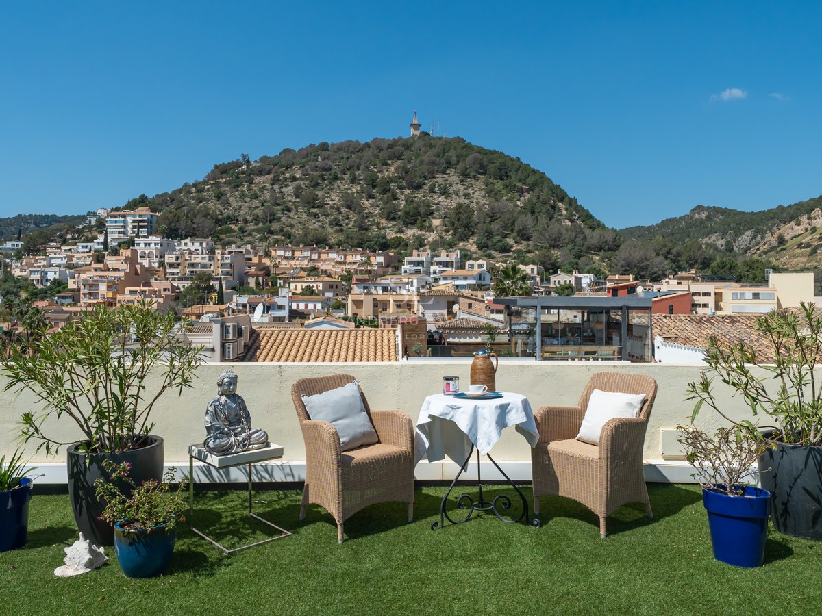 Dachterrasse mit Korbsesseln, Beistelltisch und Pflanzen mit Blick auf ein mediterranes Dorf und einen bewaldeten Hügel.