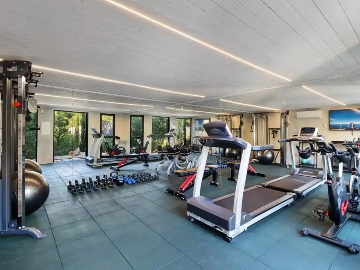 Moderner Heim-Fitnessraum mit Laufbändern, Gewichten und Ganzkörperspiegeln unter linearer LED-Beleuchtung.