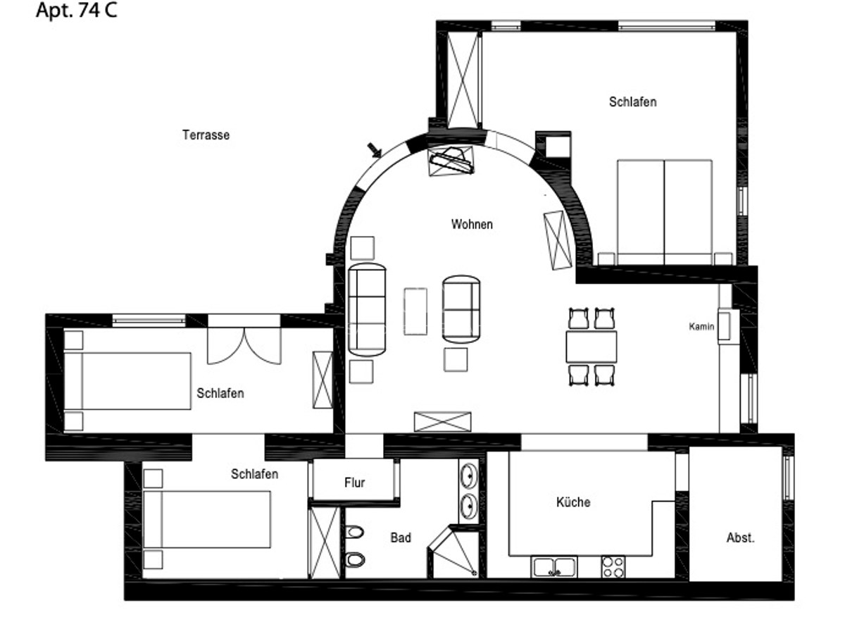 Architektonischer 2D-Grundriss einer Wohnung mit drei Schlafzimmern, rundem Wohnzimmer und Terrasse.