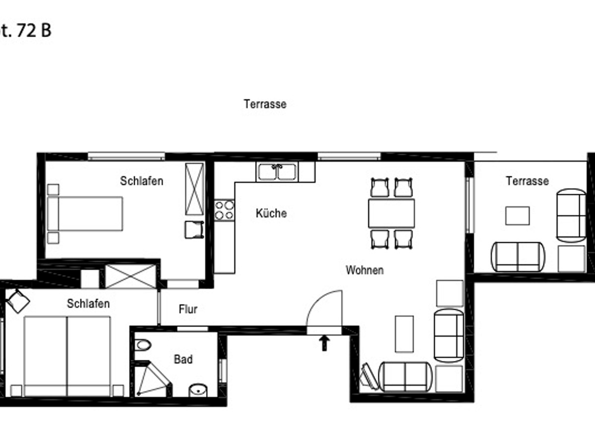 2D arkitektonisk planritning som visar två sovrum, kök, vardagsrum/matsal, badrum och en stor terrass.