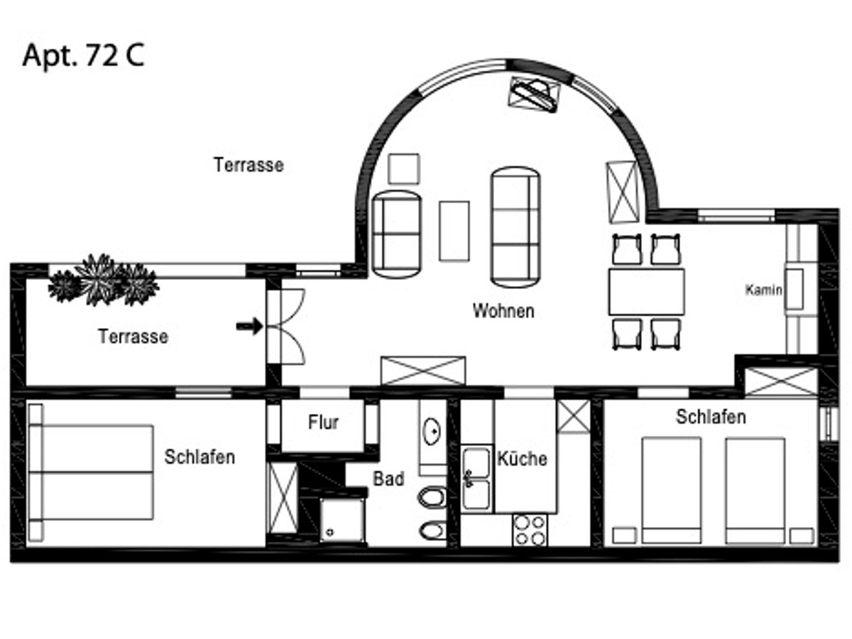Svartvit 2D arkitektonisk planritning av en lägenhet med ett cirkulärt vardagsrum och två sovrum.