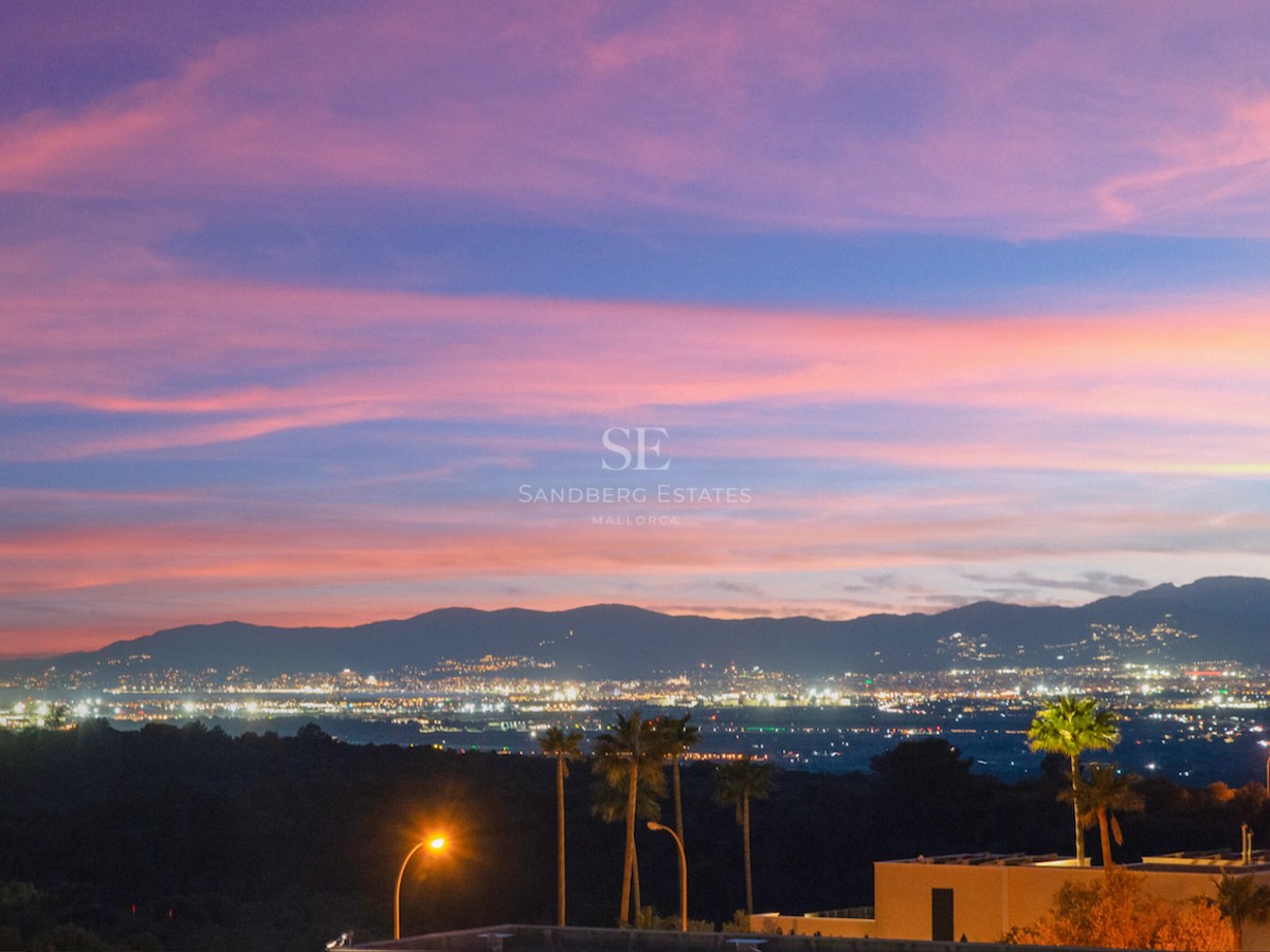 Atardecer con cielo rosado y violeta sobre montañas y luces de la ciudad con palmeras en primer plano.
