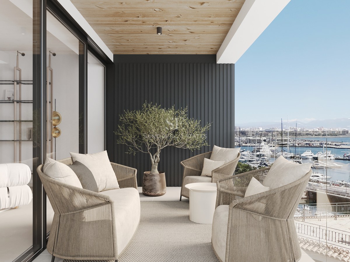 Luxury terrace with woven furniture, wooden ceiling, and glass railing overlooking a yacht marina.