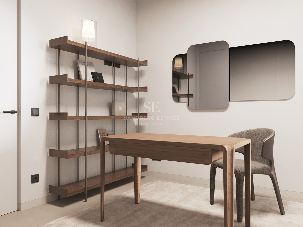 Modern office featuring a wooden desk, grey chair, open shelving, and decorative mirrors on a neutral wall.