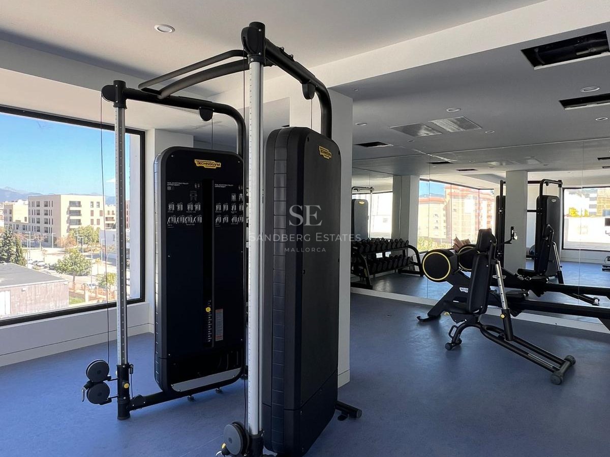 Modern home gym featuring black Technogym equipment, blue rubber flooring, and large windows with urban views.