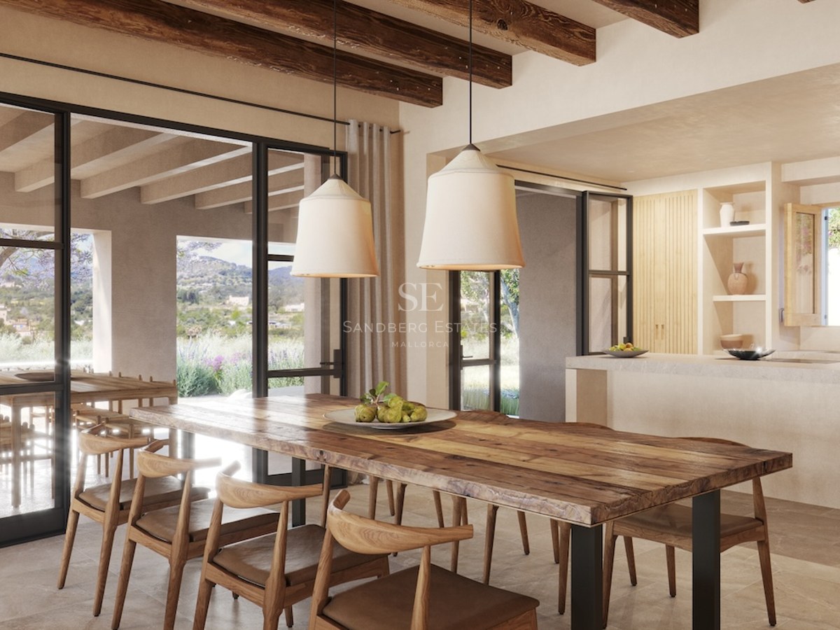 Moderner offener Essbereich mit massivem Holztisch, Deckenbalken und großen Glasschiebetüren zur Terrasse.