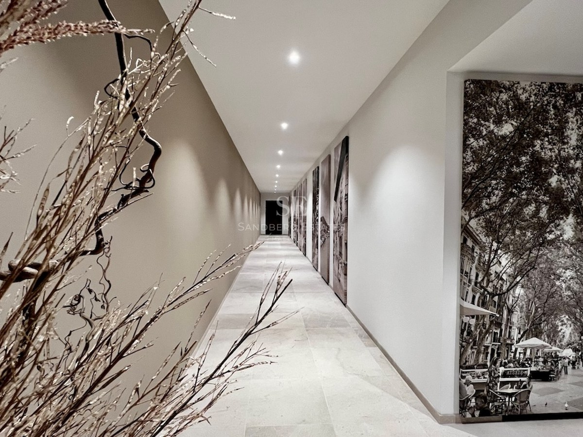 Vista exterior de una villa moderna con piscina. Diseño minimalista, amplias ventanas, jardín cuidado. Iluminación ambiental.
