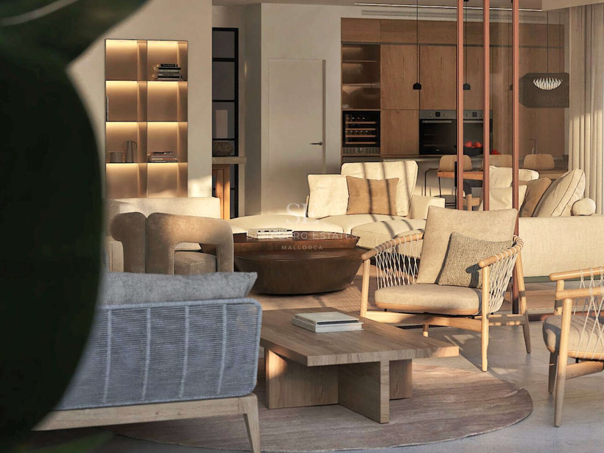 Salon moderne chaleureux avec canapés beige, tables en chêne et cuisine élégante en arrière-plan.