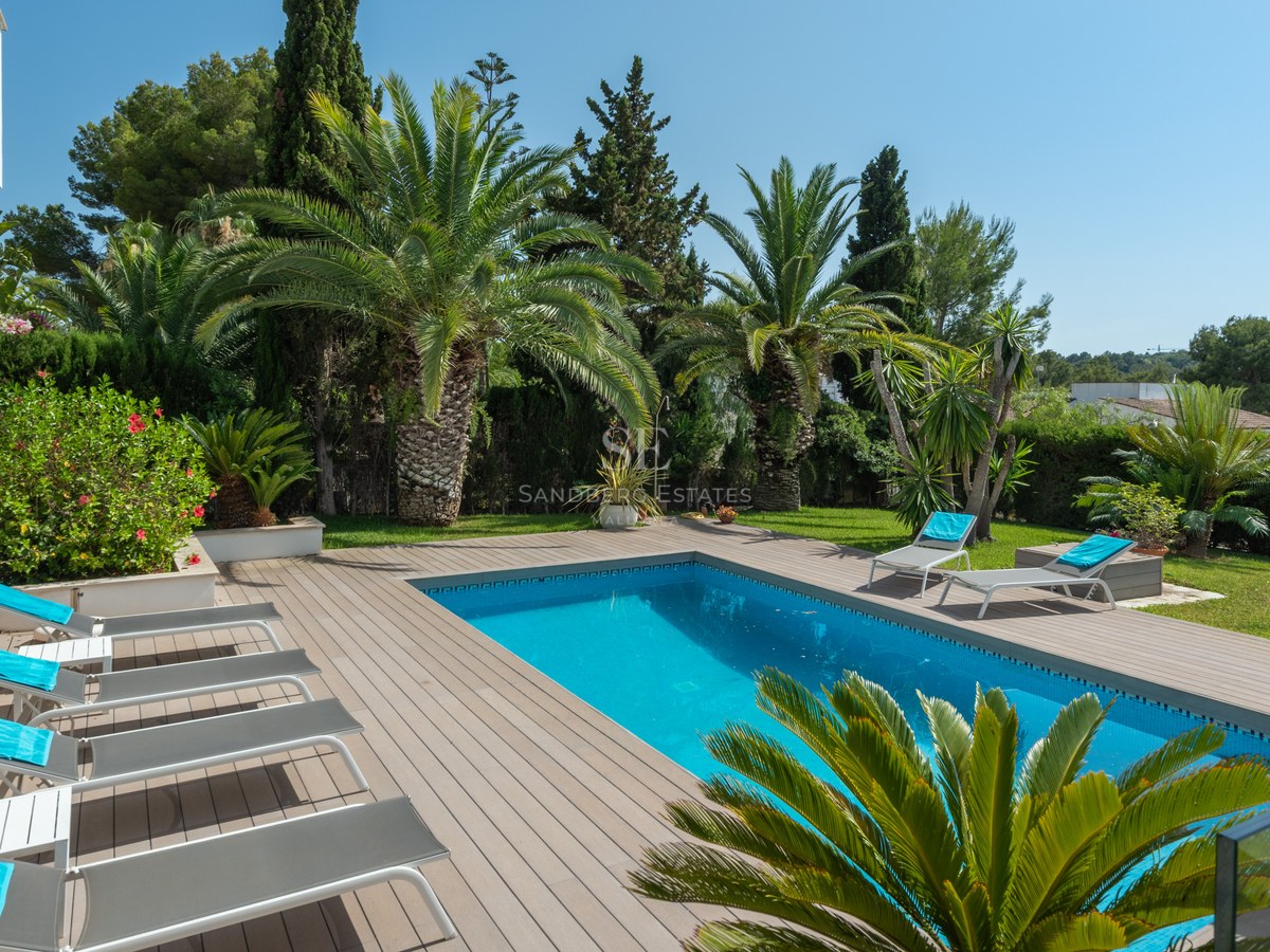 Rectangular blue pool surrounded by grey decking, sun loungers, and lush palm trees under a clear blue sky.