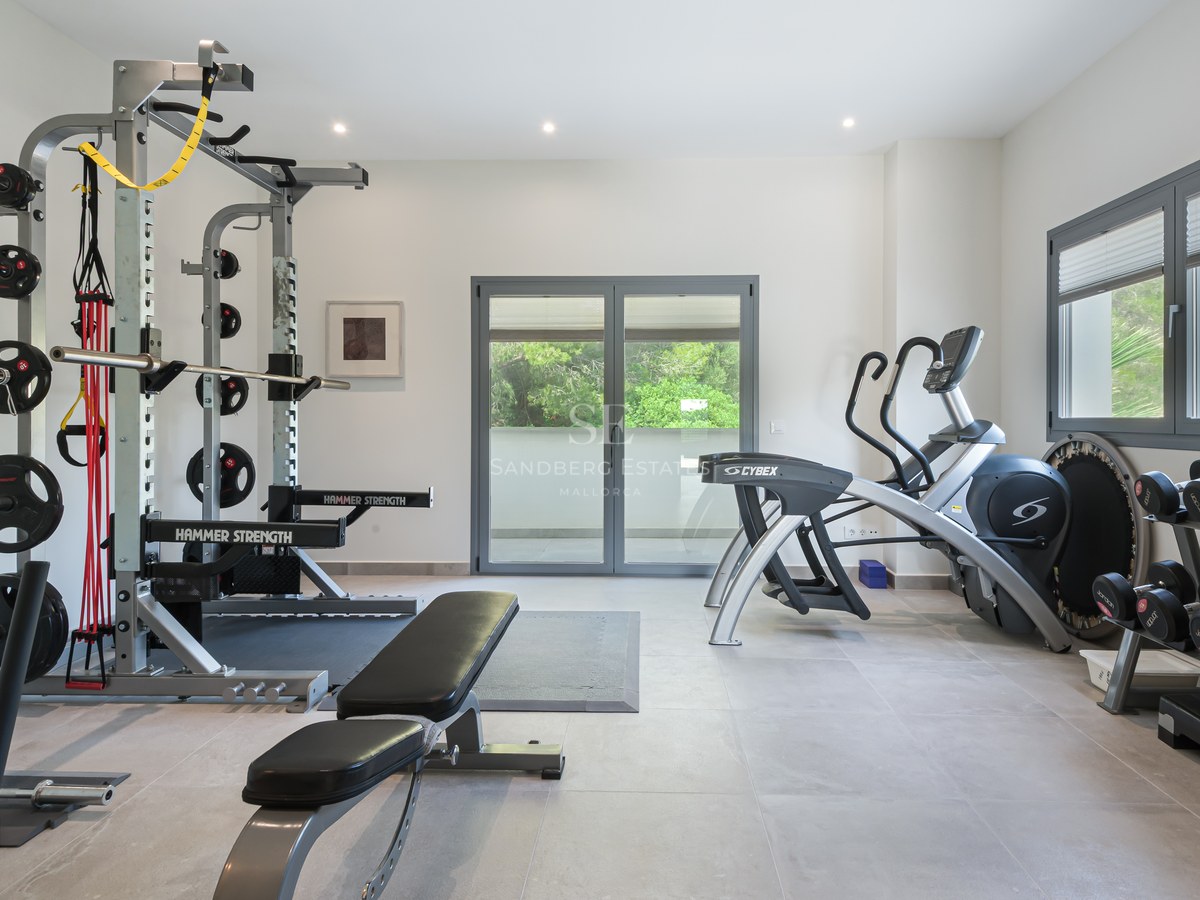 Bright home gym with Hammer Strength rack, elliptical machine, and weights, featuring tiled floors and terrace access.