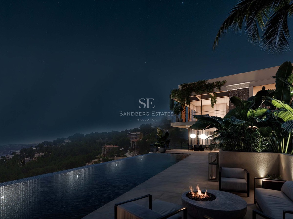 Vue nocturne d'une piscine à débordement de luxe surplombant la baie, avec une villa moderne et un salon extérieur.