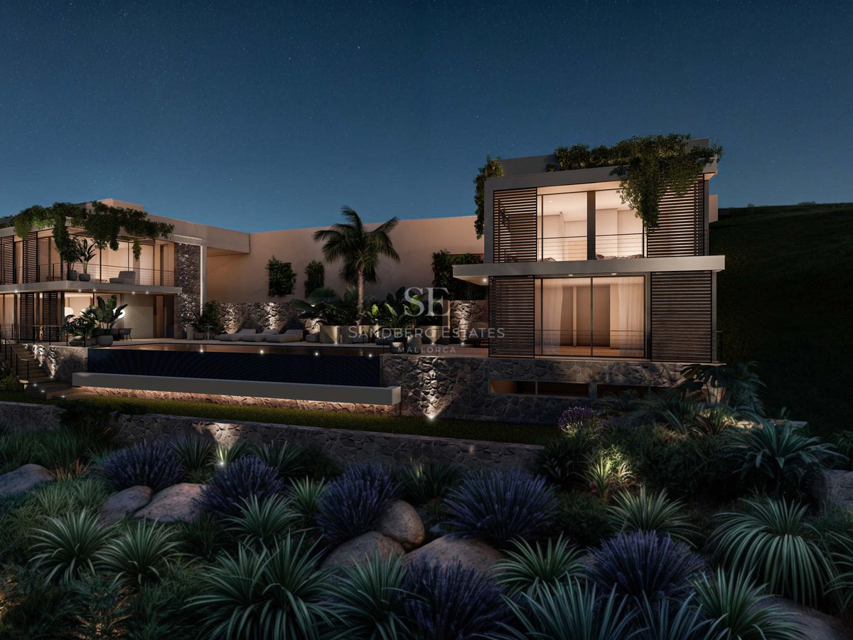 Vue nocturne extérieure d'une villa moderne avec piscine à débordement éclairée et jardin paysager méditerranéen.
