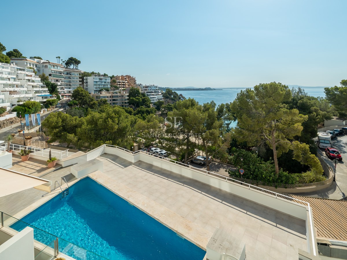 Terraza elevada con piscina rectangular azul y barandillas de cristal con vistas a una bahía mediterránea y pinos.