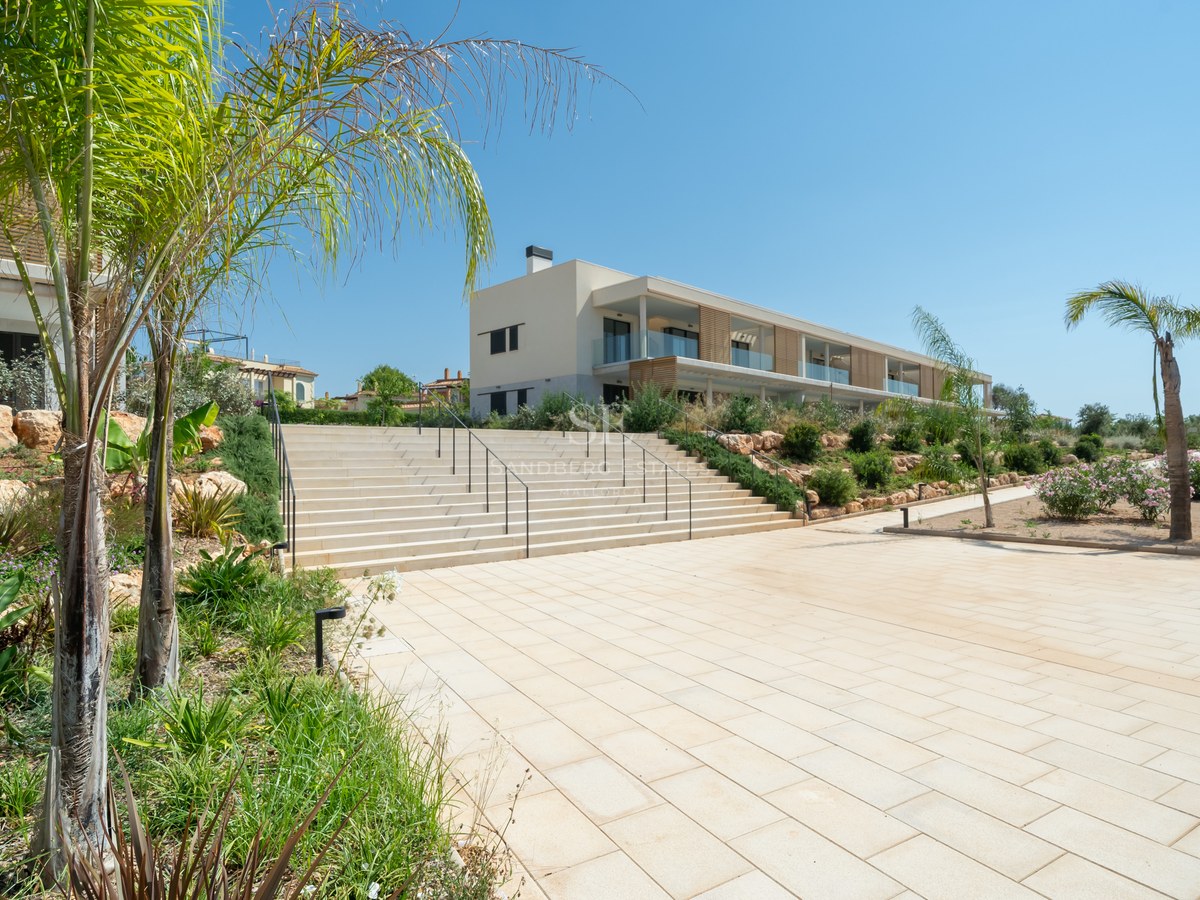 Wide stone staircase leading to a contemporary cream-colored building with glass balconies and palm trees.