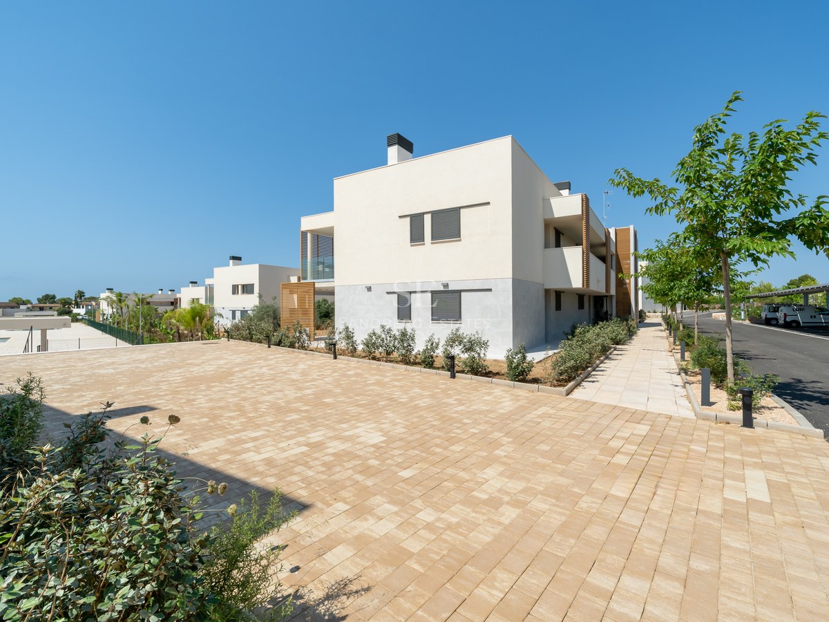 Exterior view of a modern white building with wooden accents and stone paving under a clear blue sky.