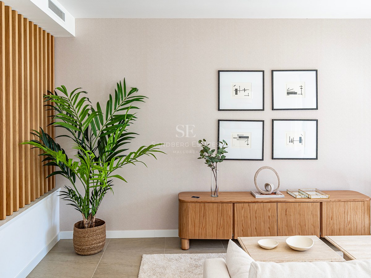 Detalle de salón con panelado de madera, aparador de roble, planta de interior y cuadros minimalistas.