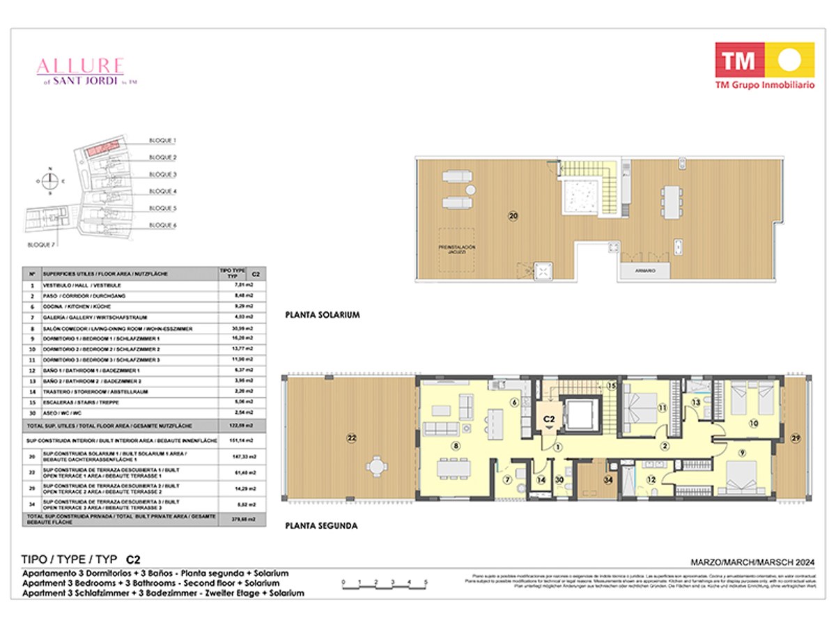 Architectural floor plan of a luxury 3-bedroom apartment showing the second floor layout and a large rooftop solarium.