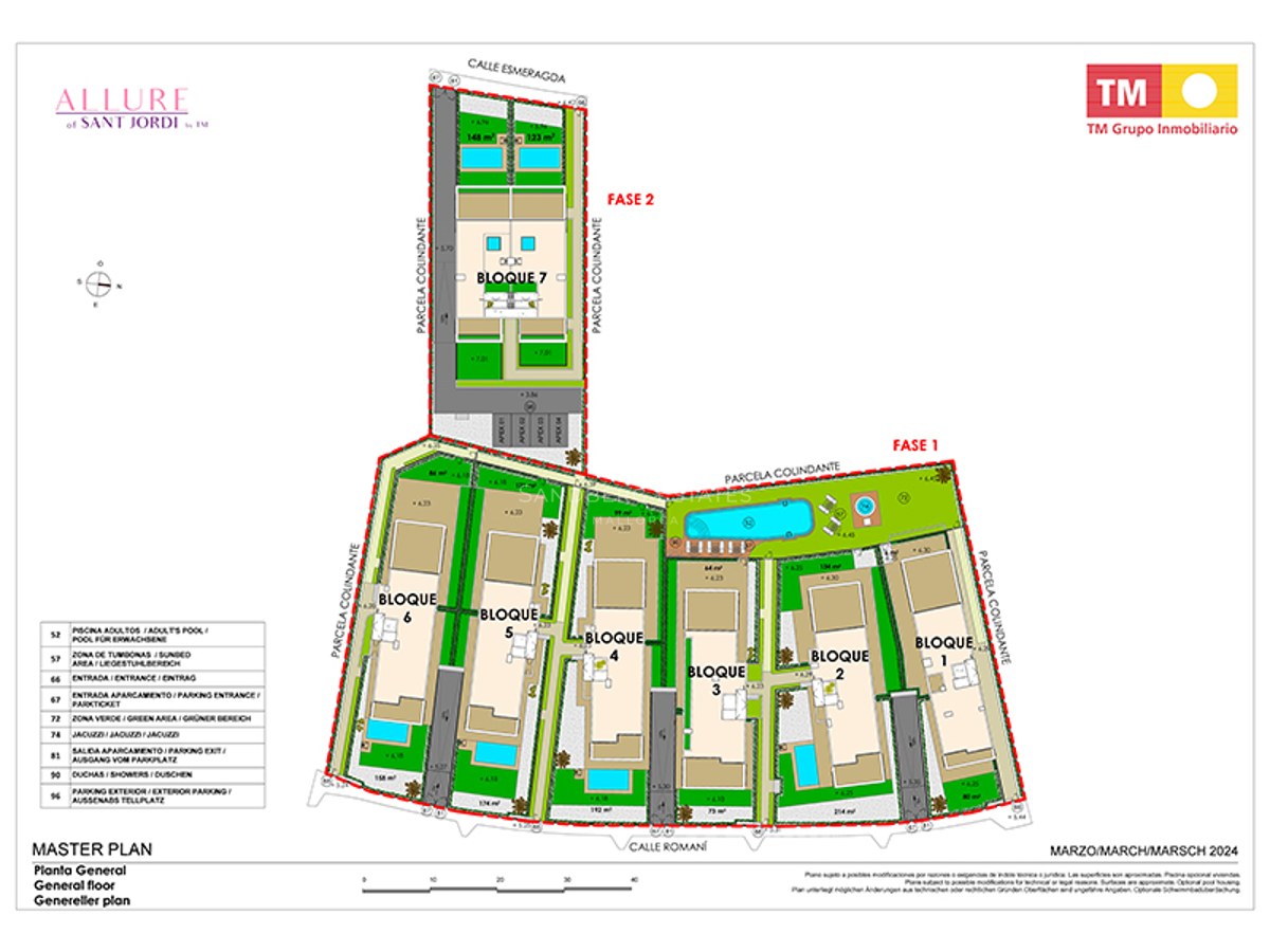 Architectural site plan of Allure Sant Jordi showing seven blocks, swimming pools, green zones, and parking.