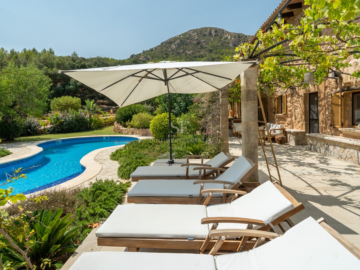 A curved blue swimming pool next to a stone terrace with wooden loungers and mountain views in the background.