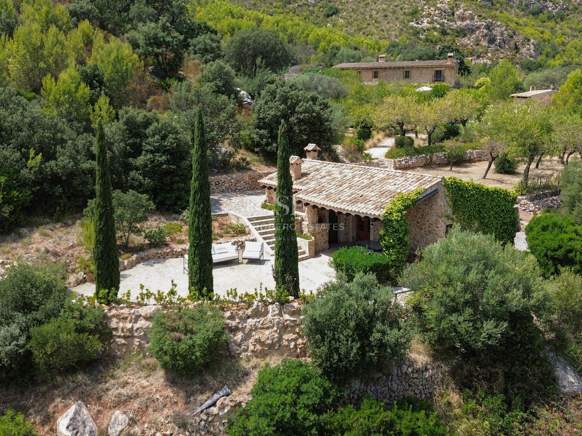 Aerial view of a rustic stone house with a terracotta roof, surrounded by cypress trees and lush green forest.