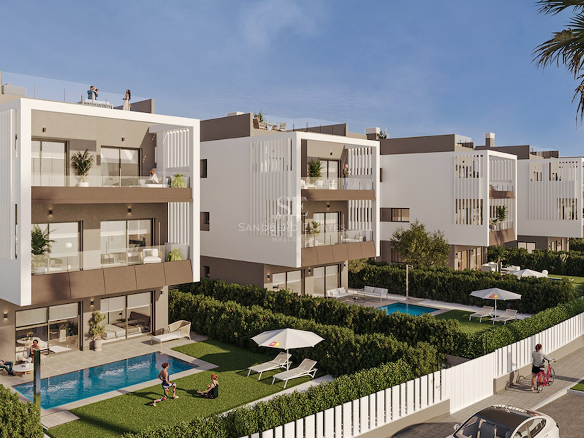 Row of modern white multi-story villas with private gardens, swimming pools, and rooftop terraces under a clear sky.