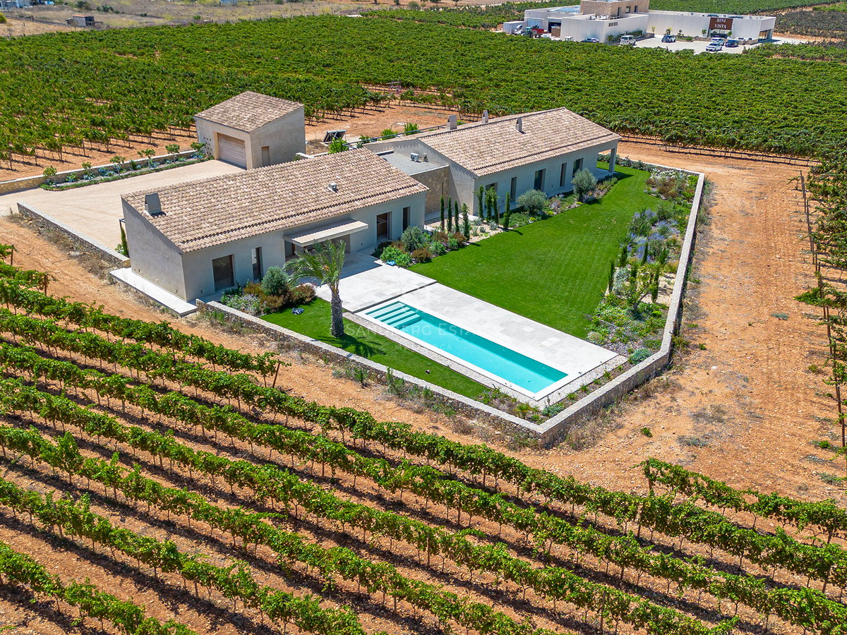 Vue aérienne d'une villa contemporaine avec piscine et toit en terre cuite, nichée au milieu de vignobles verdoyants.