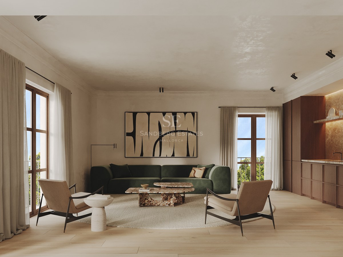 Balcón con barandilla de cristal, vistas panorámicas al mar, muebles de exterior modernos y diseño minimalista. Iluminación ambiental cálida.