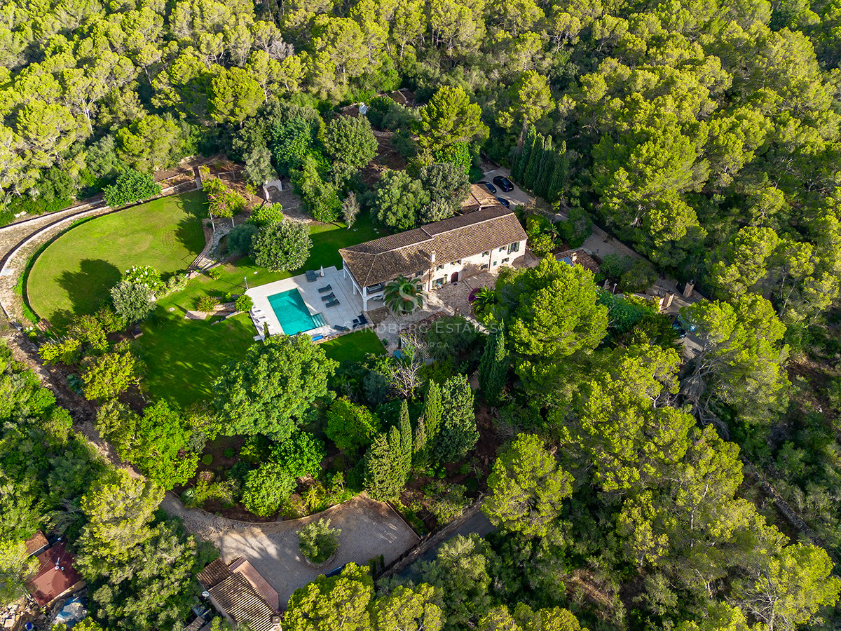 Vista aérea de una villa tradicional con piscina turquesa rodeada por un denso bosque de pinos y jardines extensos.