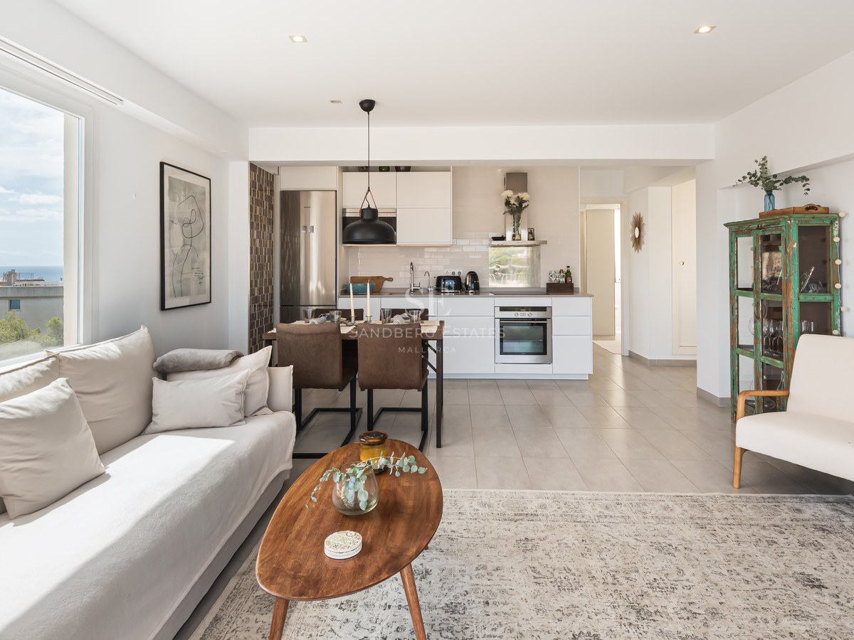 Stor pool med solstolar, parasoller och loungeområde. Modern design med frodig växtlighet och blå himmel.