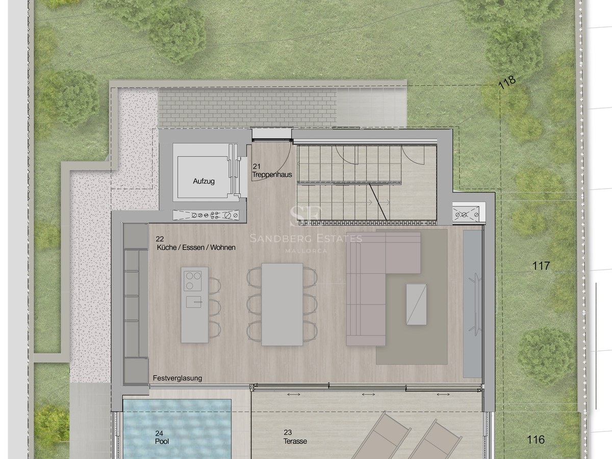 Plan de masse montrant le rez-de-chaussée avec cuisine ouverte, salon, grande terrasse, piscine privée et jardins.